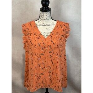 Katherine Barclay Orange Floral Sleeveless Fringe Top Size XL